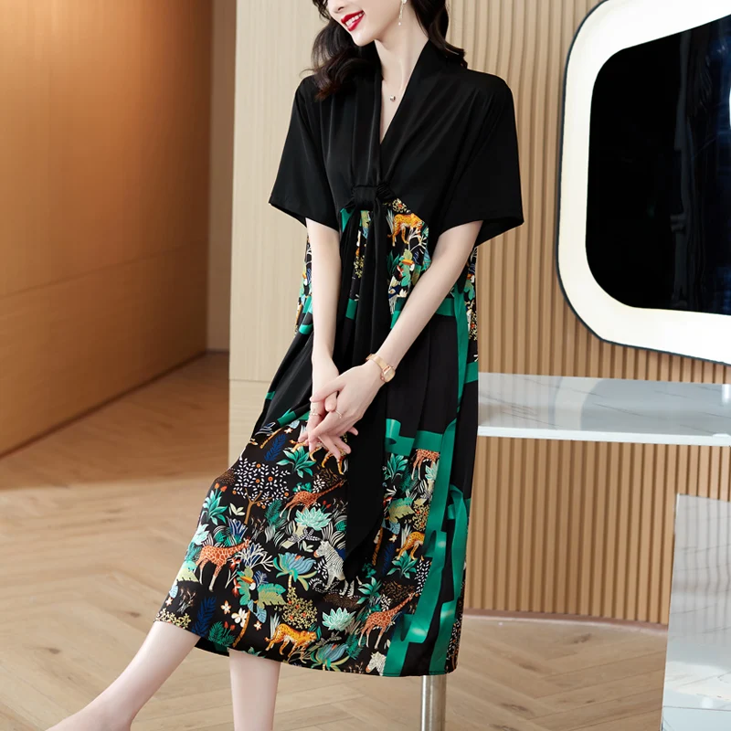 

Женское шифоновое платье с V-образным вырезом, Черное вечернее облегающее платье-миди с принтом в Корейском стиле, лето 2023