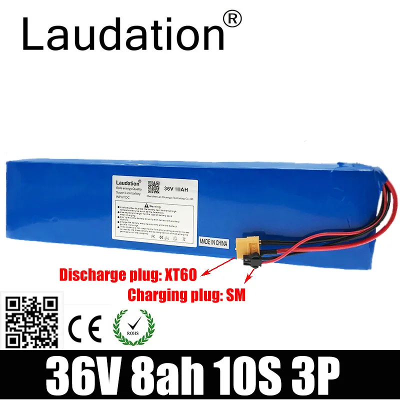 

Laudation 36V 8ah Electric Bicycle 18650 Battery Pack 10S 3P High Power And Capacity Motorcycle Scooter With 15A BMS XT60 Plug