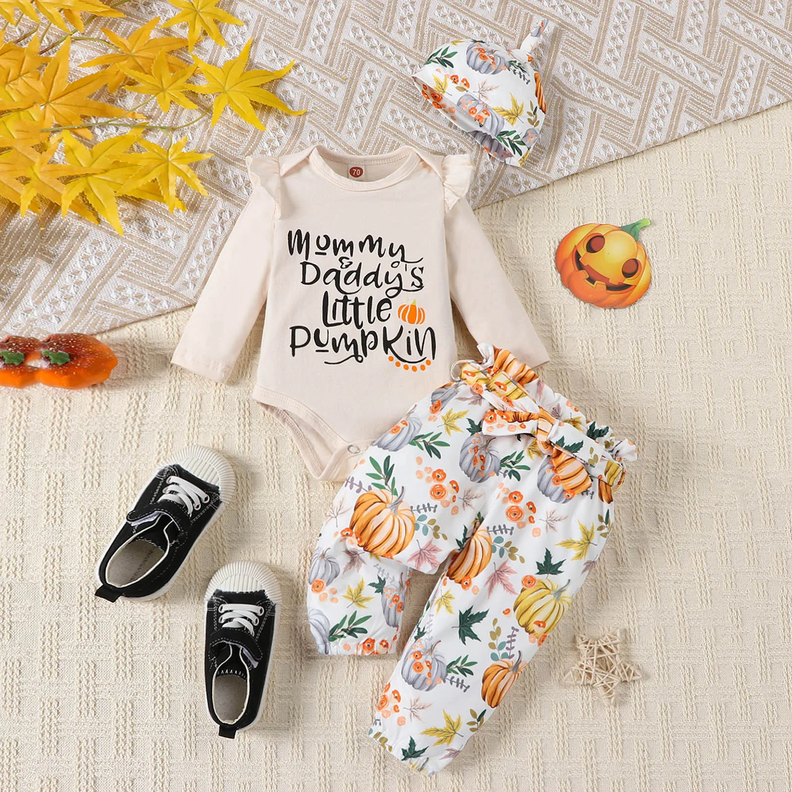 

3Pcs Halloween Outfits Baby Girls Autumn Winter Long Sleeve Romper+Belted Pants+Knot Hat New Born Set Newborn Clothes 0-18Months