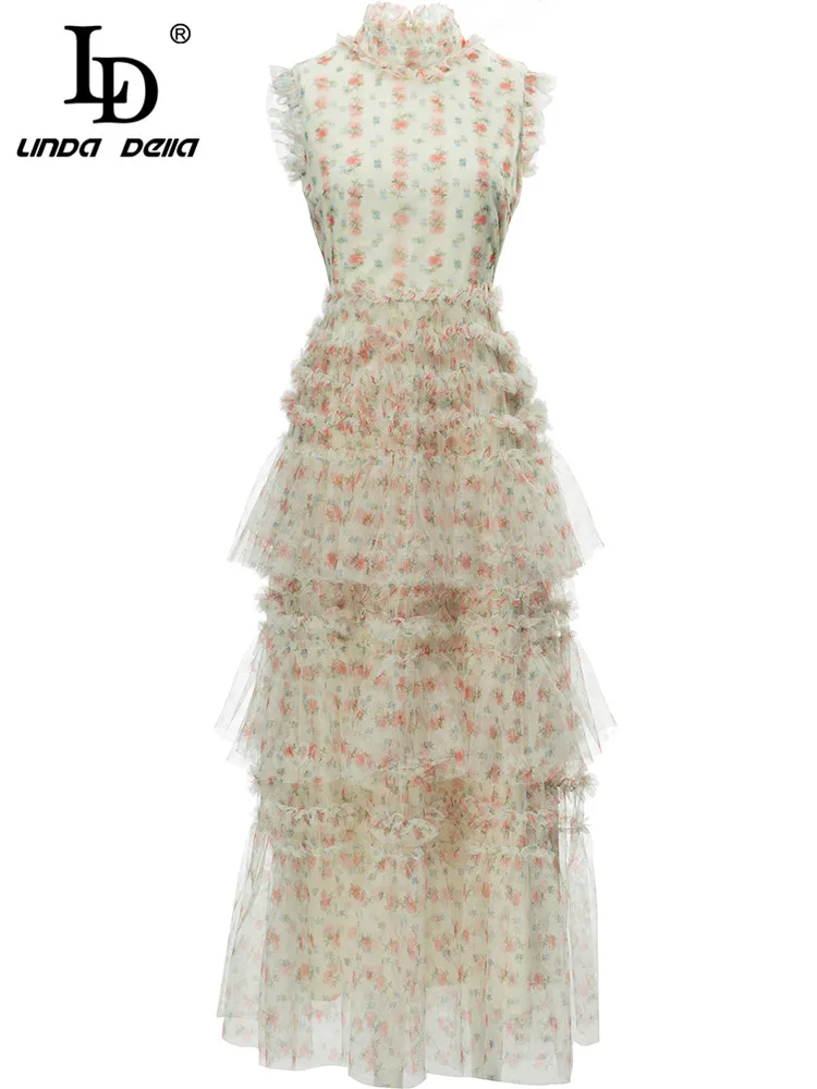 LD LINDA DELLA New 2023 Summer Fashion Women Vintage Elegant Long Dress Sleeveless Floral Print Mesh Cascading Ruffle Dress