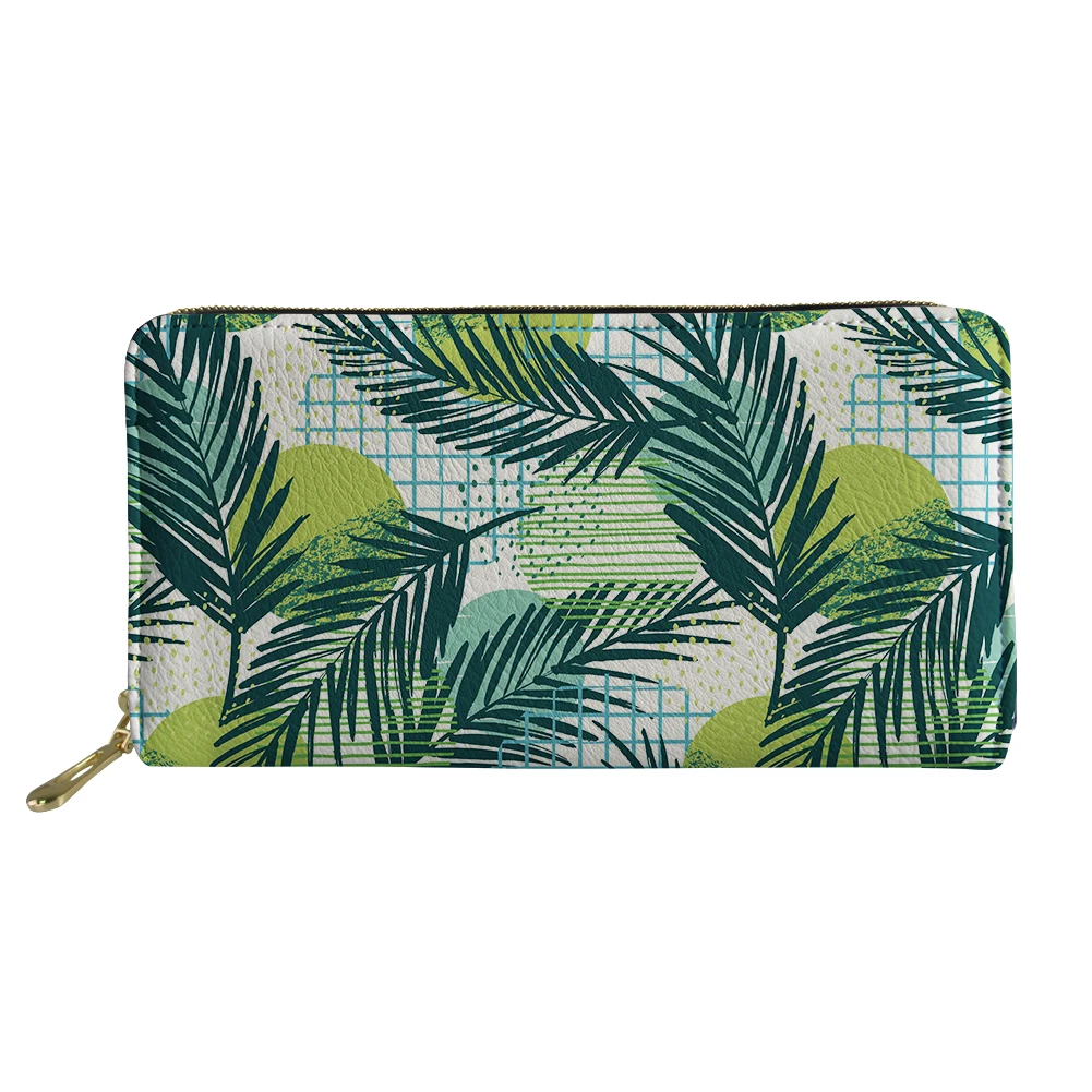 Cartoon Green Leaf Pattern Long Wallets Teenager Top Premium Zipper Coin Purse Woman Shopping Portable Credit Card Holder Bag