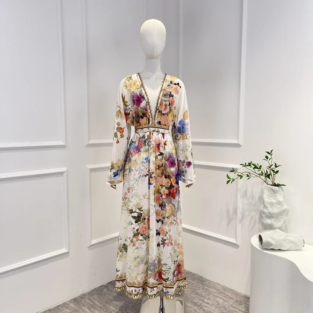 

Женское приталенное платье средней длины, повседневное винтажное платье из чистого шелка с длинным рукавом и цветочным принтом, со стразами, 2023