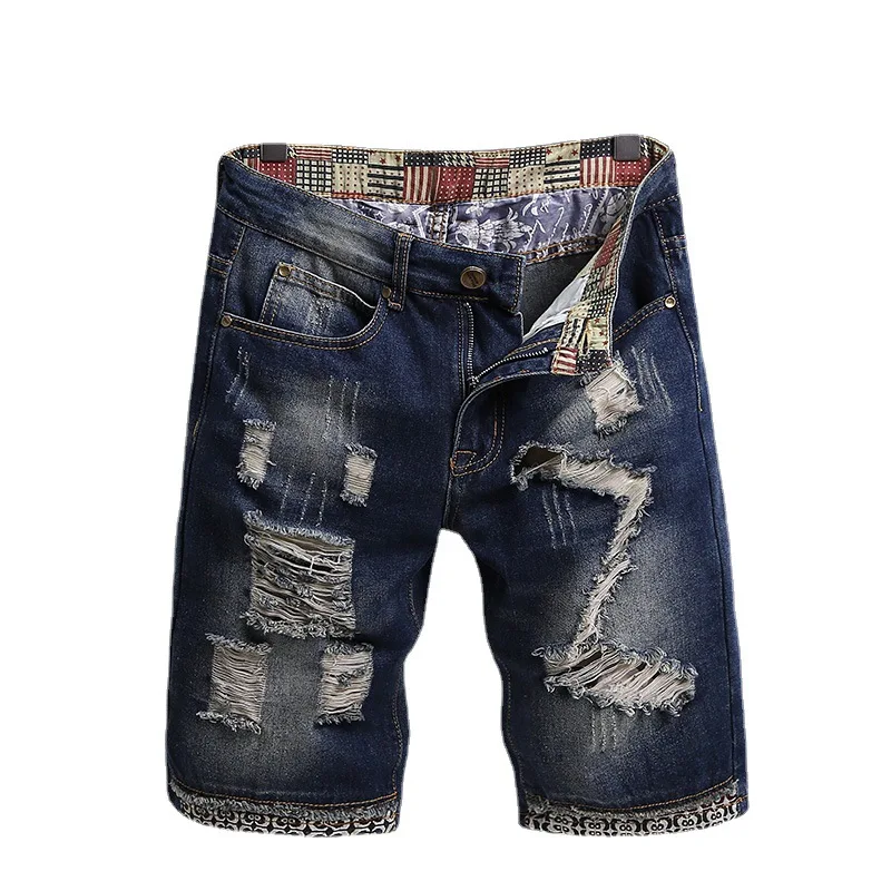 

2023Men's Ripped Denim Shorts Summer Holes Destroyed Jeans Slim Straight Light Blue Breeches