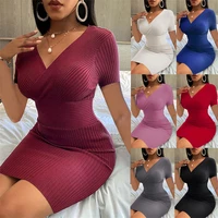2022 spring new womens european and american style sexy short sleeved bottoming shirt threaded deep v neck hip lift dress