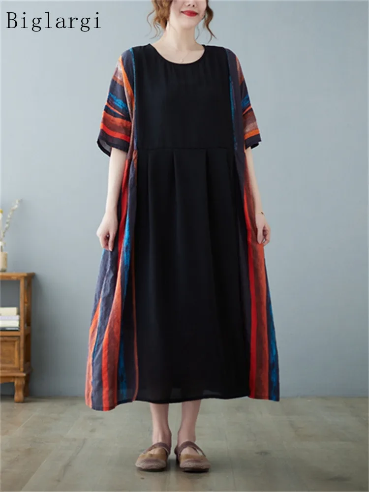 

Oversized Patchwork Stripe Cotton Hemp Summer Dress Woman Big Size Casual Korea Ladies Womens Dresses Women Vintage Long Dress