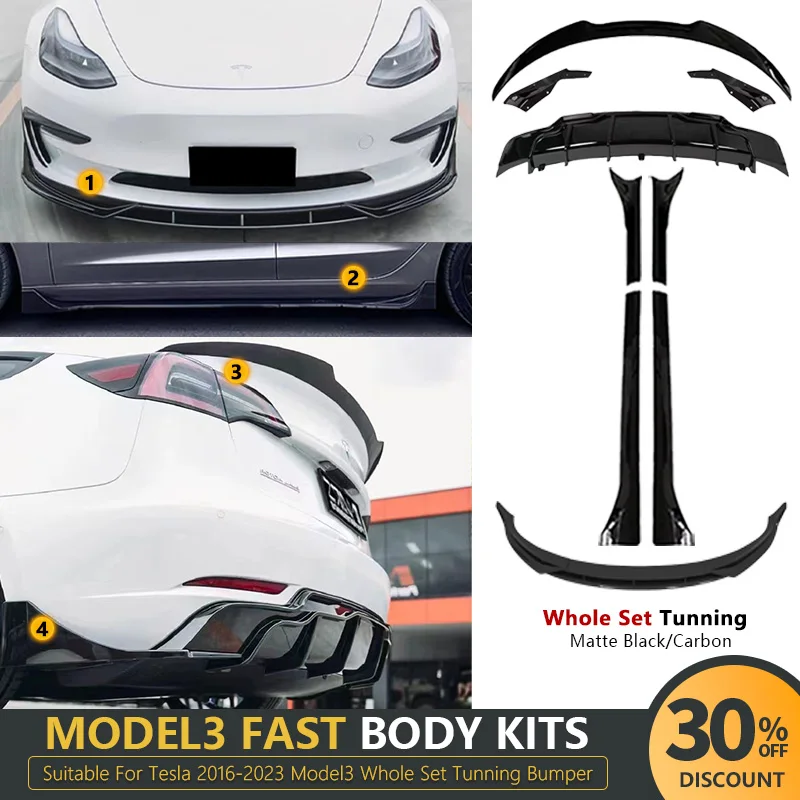 Для Tesla 2016-2023 Model3 Body Kit матовый черный карбоновый спойлер задний диффузор передний