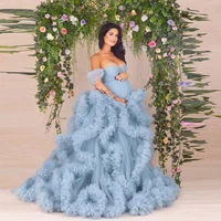 light blue off shoulders pleated tulle maternity dress to photography fluffy ruffles tiered pregnancy gowns open front lush bied