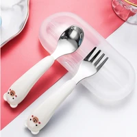 stainless steel baby gadgets tableware set children utensil toddler dinnerware cutlery cartoon infant food feeding spoon fork