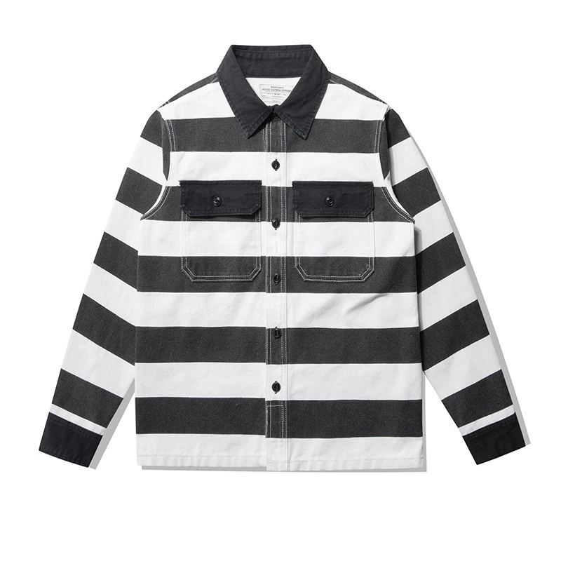 Amekaji Vintage Canvas Jacket Men Spring Autumn New 16OZ Heavy Striped Long Sleeve Jacket Retro Casual Cardigan Motorcycle Coat