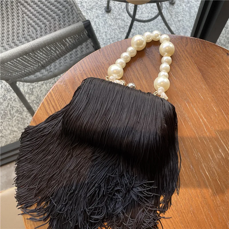 

Evening Bag Fashion Fringed Armpit Bag Women's Bag Pearl Chain Top-Handle Bags Dinner Bag Black Luxury Bag