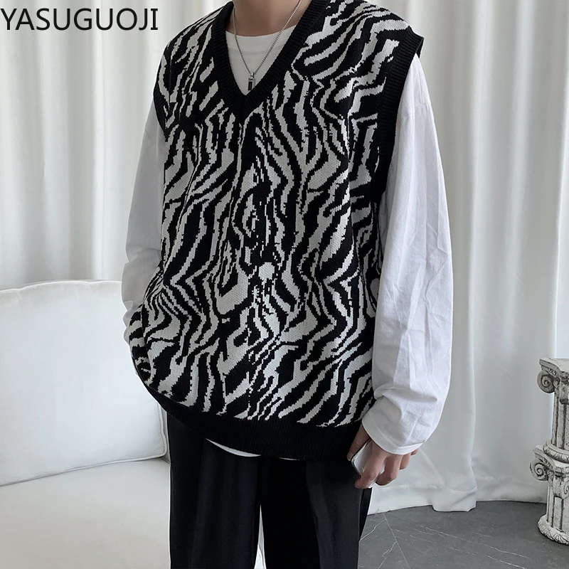 

YASUGUOJI Vintage Loose Zebra Stripes Sweater Vest for Men Autumn Winter Korean Knitted Vest Sleeveless Jecket Chaleco Mujer