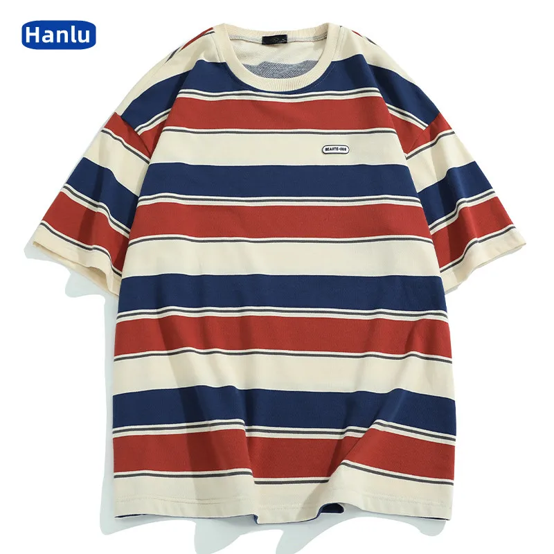 

Japanese fashion men's stripe oversize t-shirt men's and women's 2022 summer new pure cottonT-shirt
