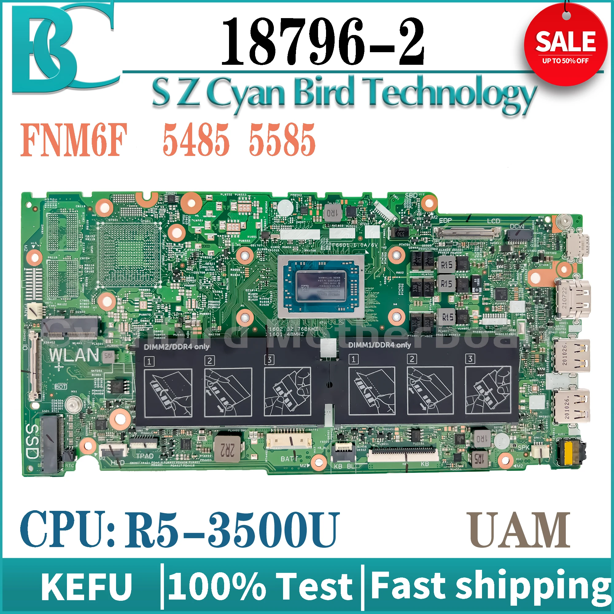 

18796-2 is Suitable for Dell Inspiron 5585 5485 Notebook Motherboard R5-3500 CPU DDR4 MB UMA 100% Tested