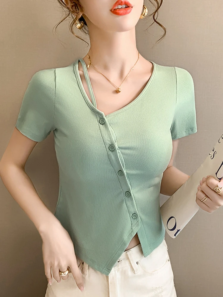 

Camisetas De Mujer 2022 Summer Chic Button Crop Top Irregular Cotton T Shirt Women Fashion Woman Clothes Slim Short Sleeve Tees