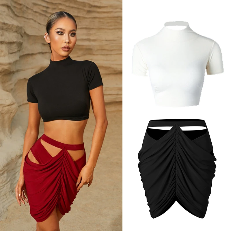 

Одежда для латиноамериканских танцев, женская красная юбка с вырезами для взрослых, тренировочная одежда, костюм для выступлений, летний костюм для ча-румбы DNV17609