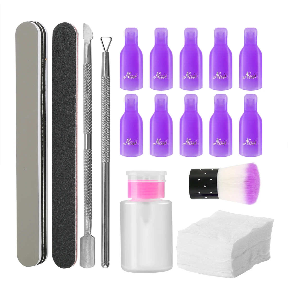 

17pcs/lot Gel Nail Polish Remover Kit 100 Wipe Cotton Pads, 10 Nail Clips, 2 Nail File, Cuticle Pusher and Scraper, Nail Brush,