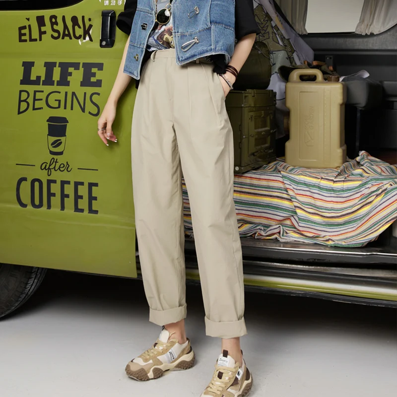 ELFSACK Vintage Cargo Pants Women 2023 Spring High Waist Casual Daily Trousers