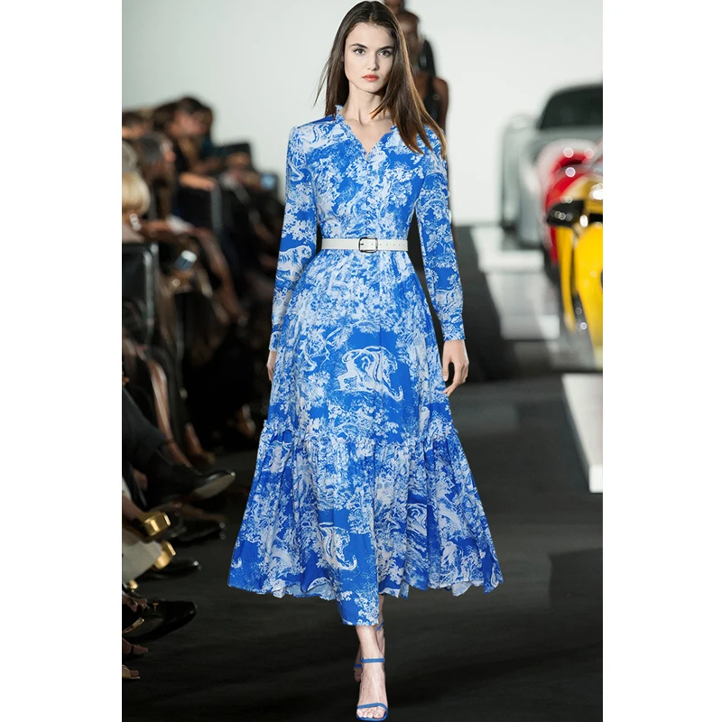 

Janeyiren Fashion catwalk Dress Fall Women Dress V-neck Long sleeve belt Blue print elegant holiday dress