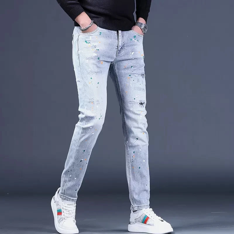Ripped Patches Light Blue Jeans Men Autumn Slim Fit Straight Pants Streetwear Fashion Dots Printed Denim Trousers CP2011