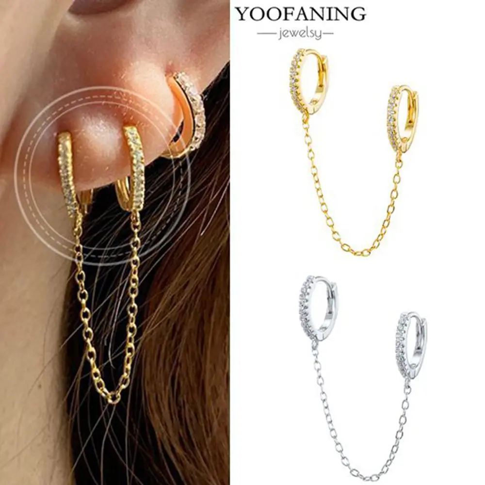 Фото Серьги-кольца YOOFANING из стерлингового серебра 925 пробы с цветными цирконами и цепочкой-кисточкой, для женщин, с двумя отверстиями, ювелирные изделия A45 №1