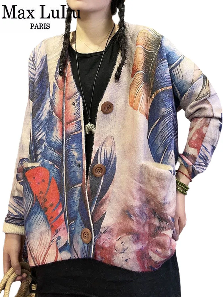

Max LuLu 2022 Japanese Style Womens Luxury Knitwear Winter Ladies Fashion Loose Floral Casual Sweaters Harajuku Warm Cardigans
