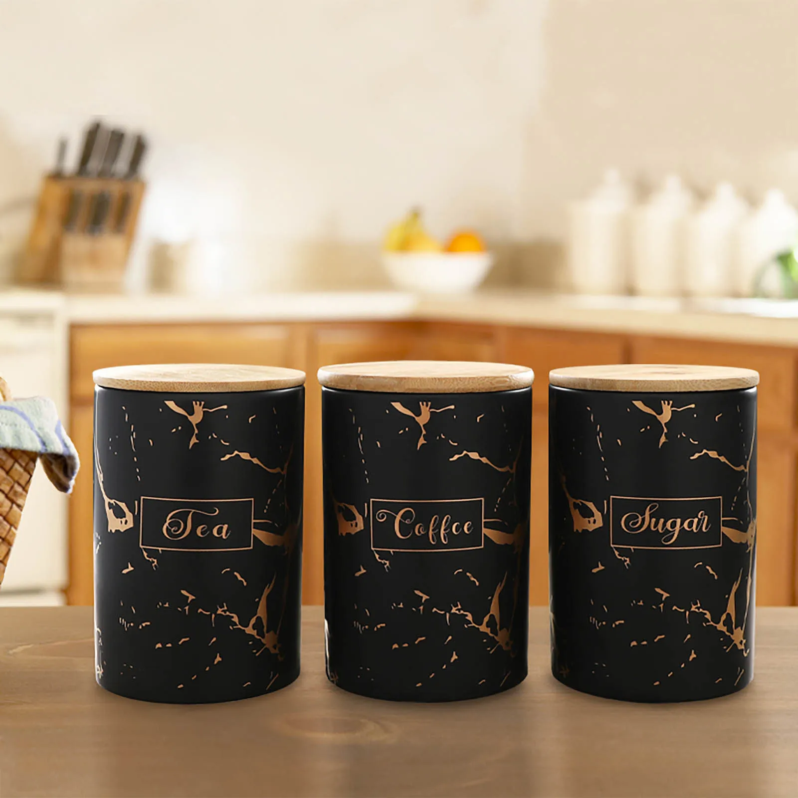 

1pcs Airtight Ceramic Canister Crackle Pattern for Coffee Sugar Tea Salt Rice Spices Storage with Bamboo Lid Black