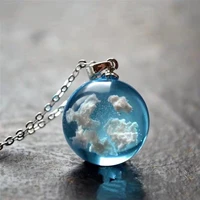 creative handmade jewelry blue sky and white cloud forest transparent spherical resin pendant short necklace blue planet gift