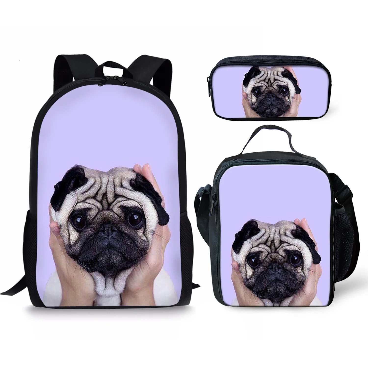 Cute Pug Print New 3Pcs/Set School Bags Daily Travel Climbing Durable Backpack Trendy Birthday Gift for Kids Fashion Knapsack