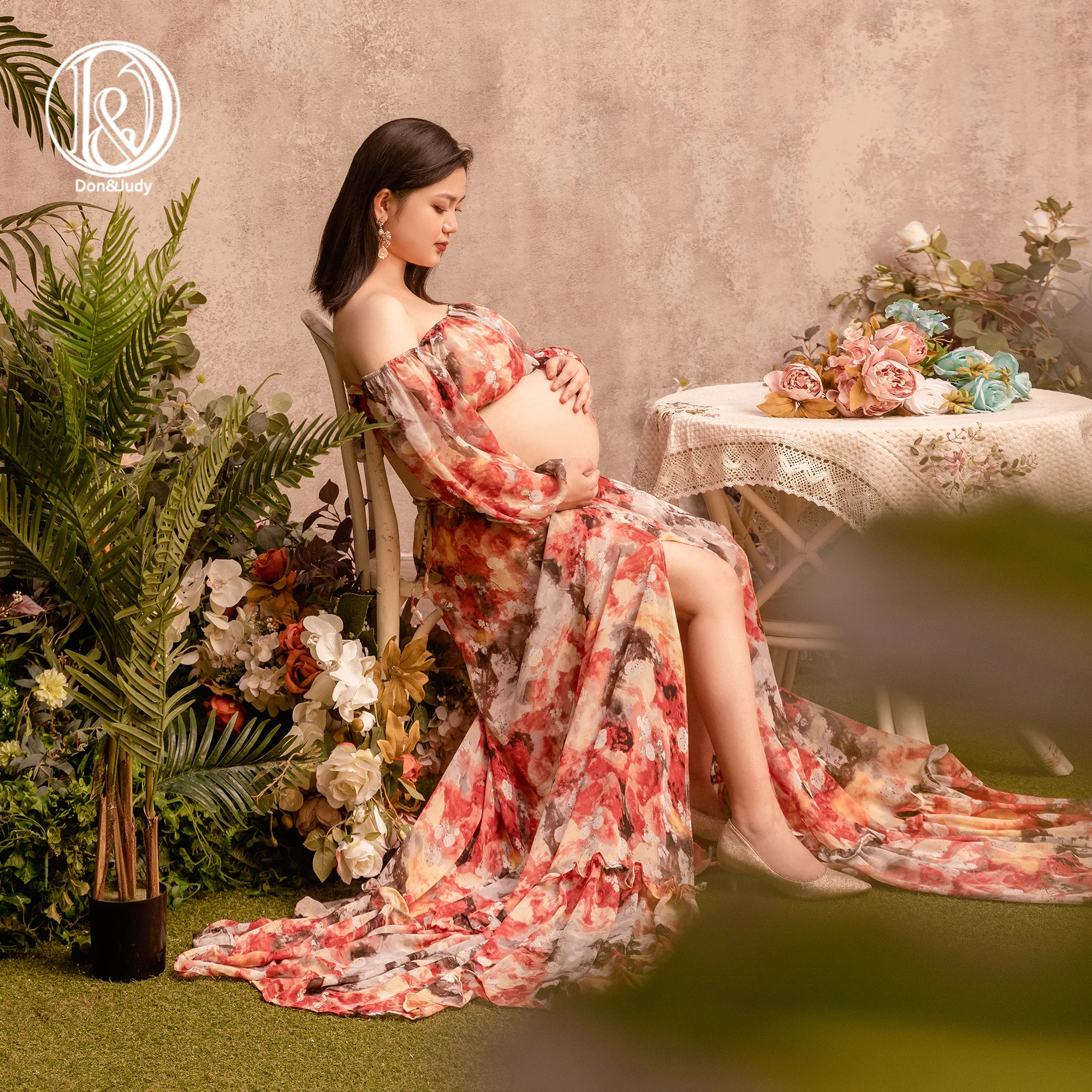 Don&Judy 2 Pieces Gown Sexy Shoulderless Maternity Dresses Photo Shoot Maxi Clothes Split Woman Pregnant Photography Prop 2022