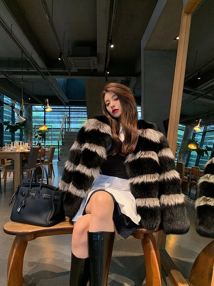New Imported Finnish Fox Fur Lady's Fur Coat Women Winter Jackets for Women Loose Causal Strips Genuine Fur Coats for Women enlarge
