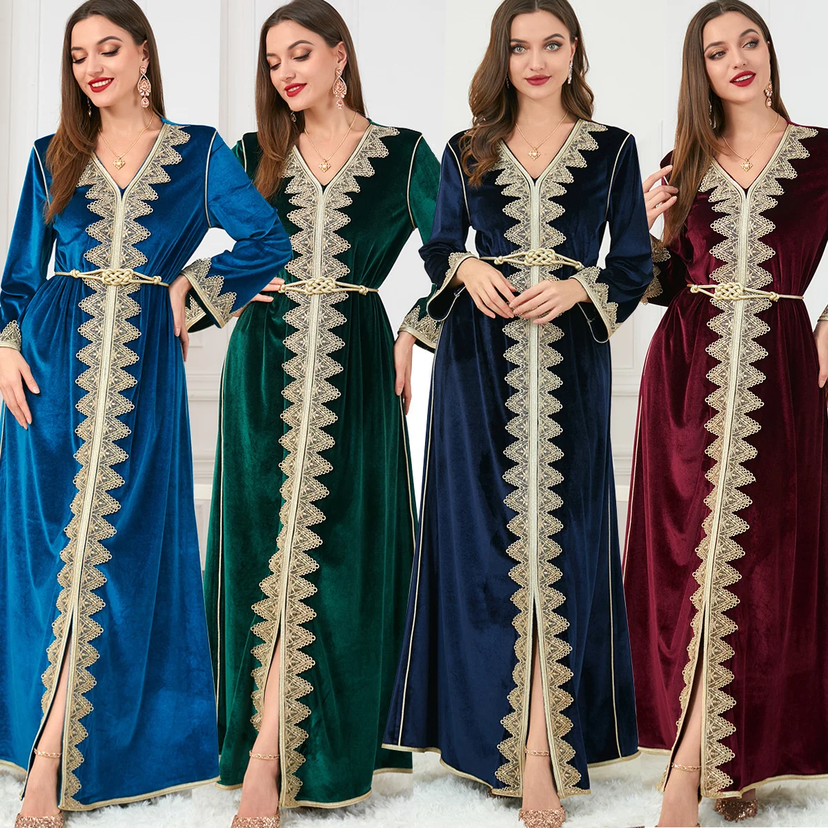 Abaya Kaftan Velvet Dress For Women Elegant Turkish Moroccan Caftan Evening Dress V-neck Fashion Muslin Dubai Long Sleeve Dress