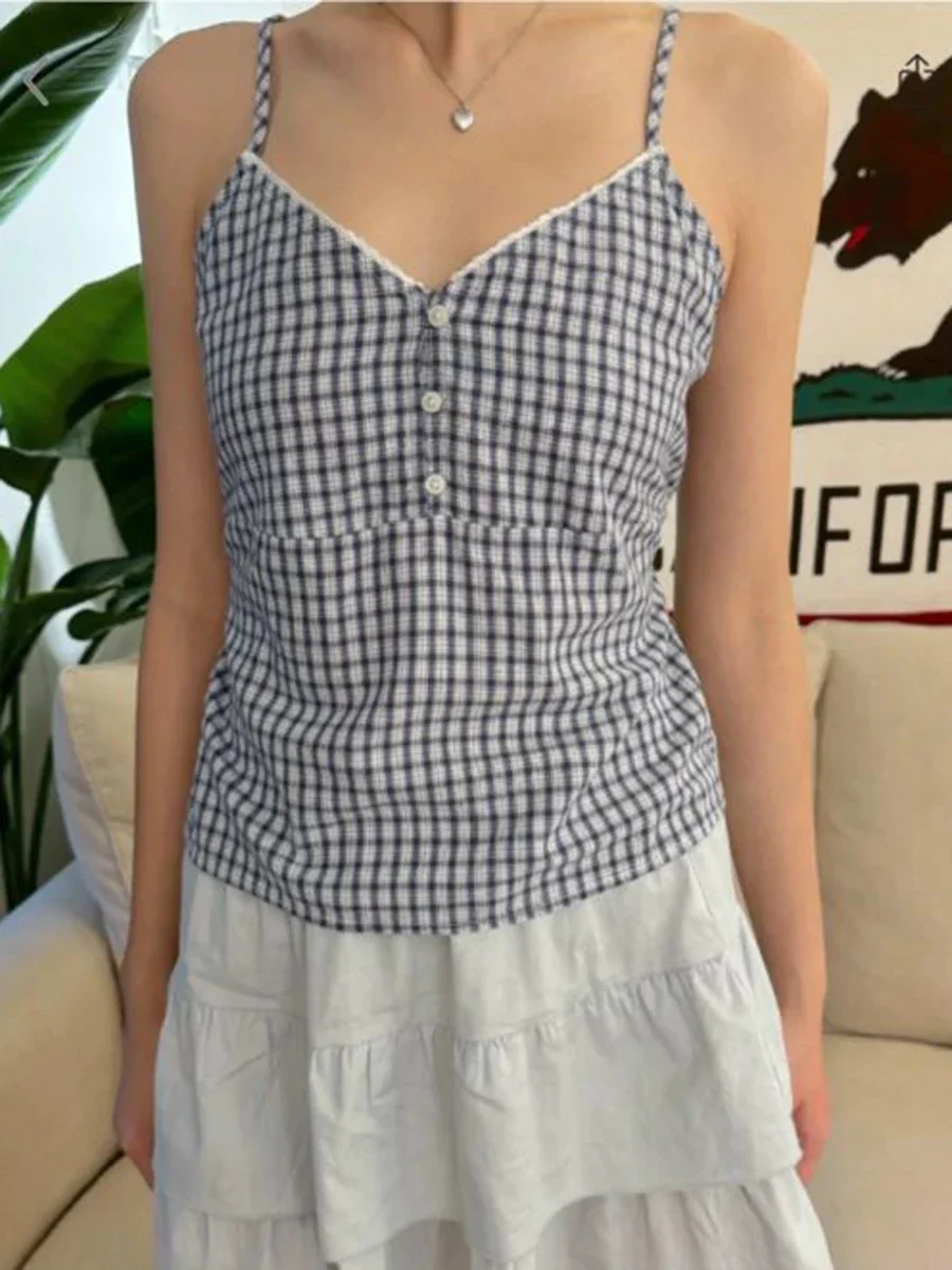 Майка женская клетчатая с V-образным вырезом винтажная Облегающая рубашка на