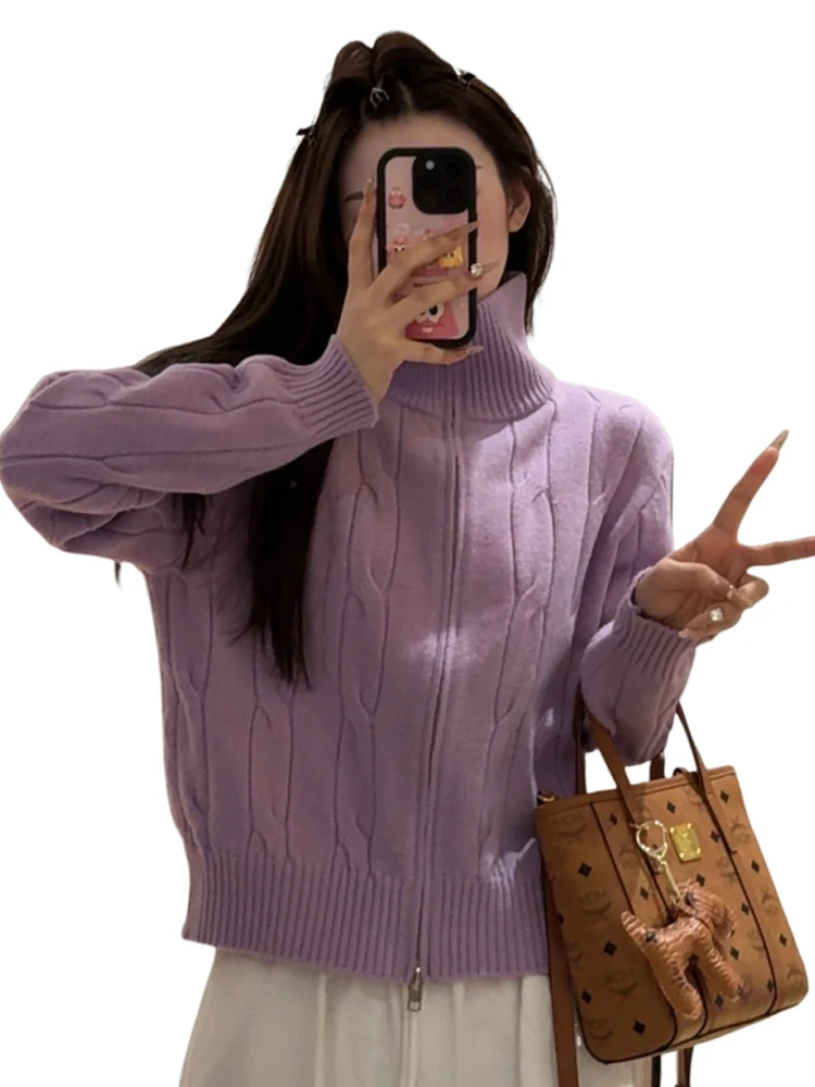 Purple Turtleneck sweater Outerwear Women 2024 Autumn and Winter New High-Grade Short Zip-up Knit cardigan Top Thickened