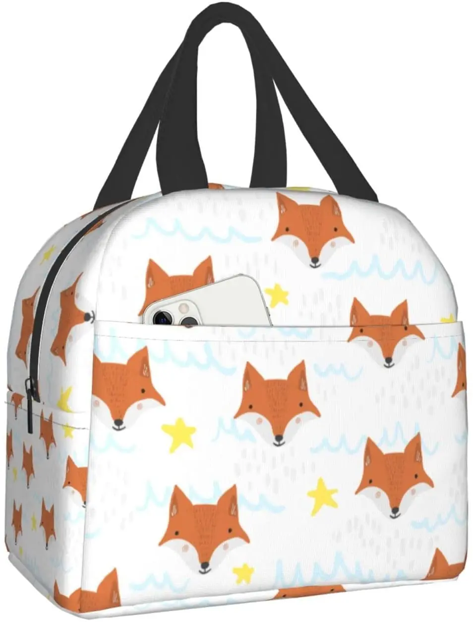 

Cartoon Foxes Stars Waves Lunch Bag for Women Men Insulated Lunch Box Reusable Lunch Tote Bag for Work Picnic School Travel