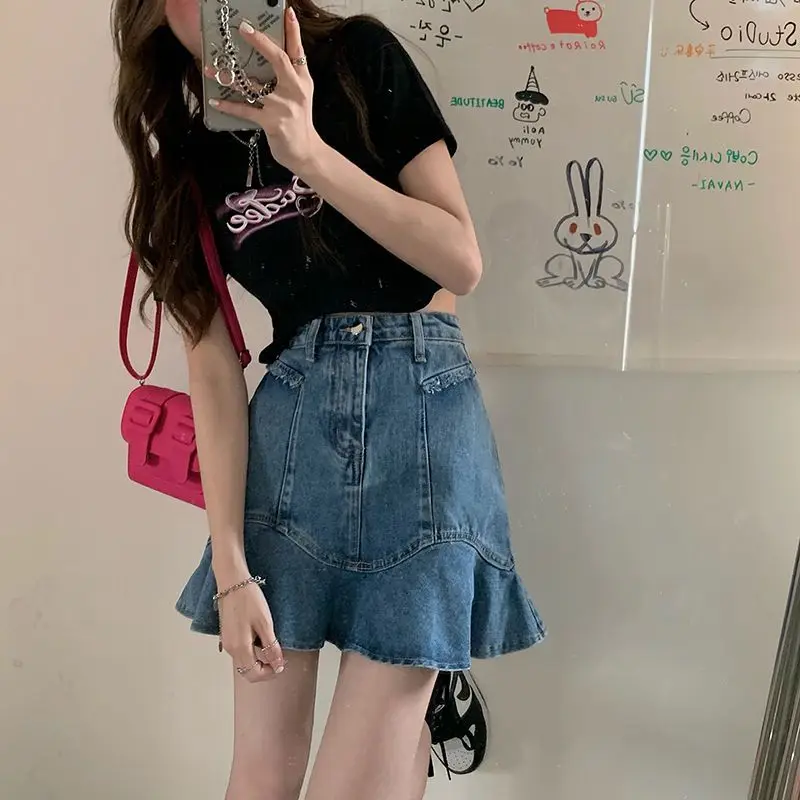 

Милая летняя новая джинсовая юбка Y2K, однотонная Повседневная универсальная винтажная юбка трапециевидной формы с высокой талией, женская одежда
