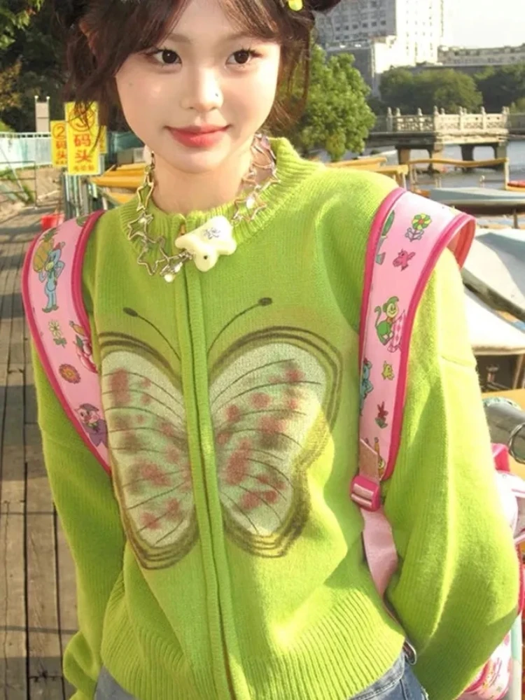 Y2k жаккардовый кардиган с бабочками на молнии Женский вязаный в Корейском стиле