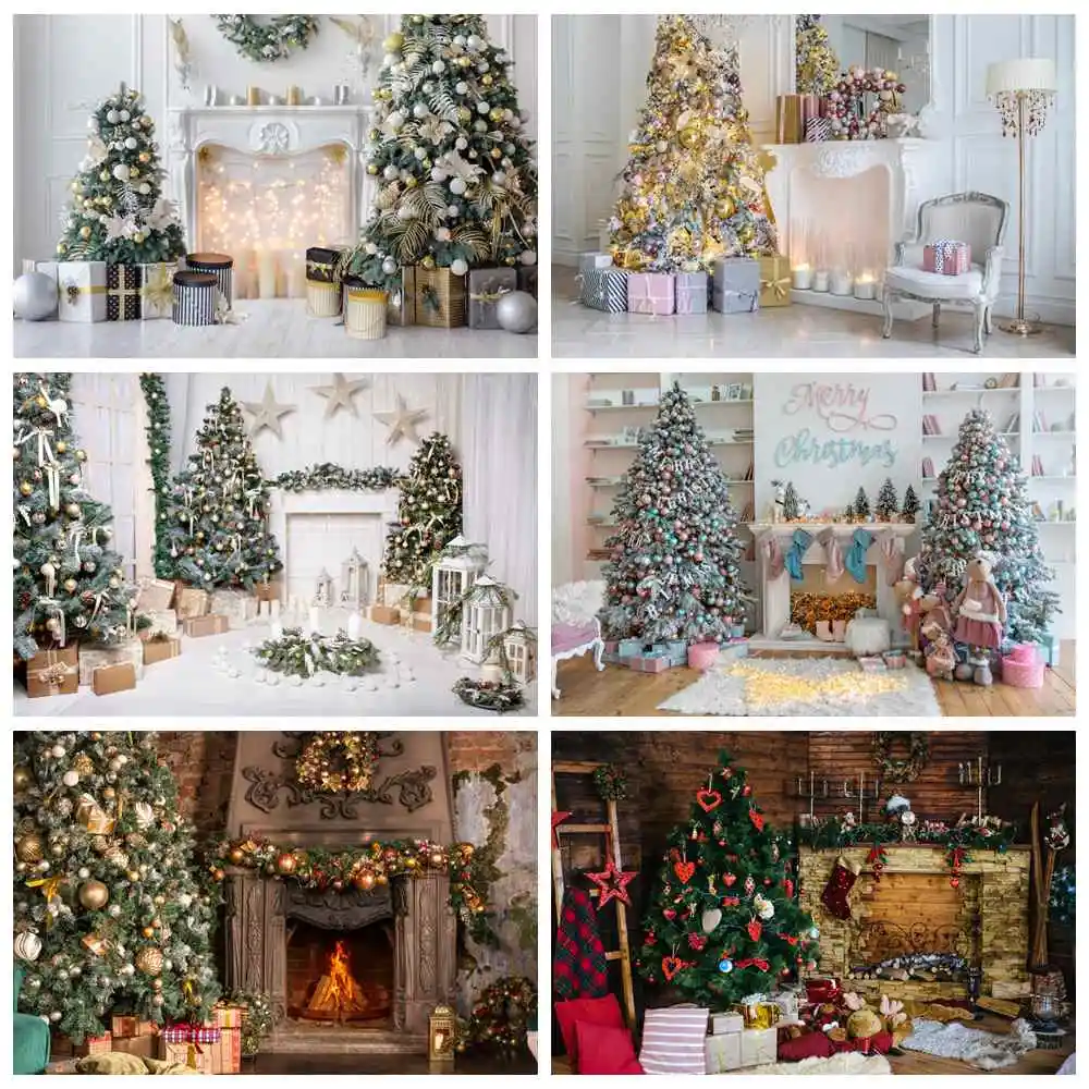 

Christmas Tree Fireplace Room Interior Photography Backdrops Custom Baby New Year Party Home Decoration Photo Booth Backgrounds