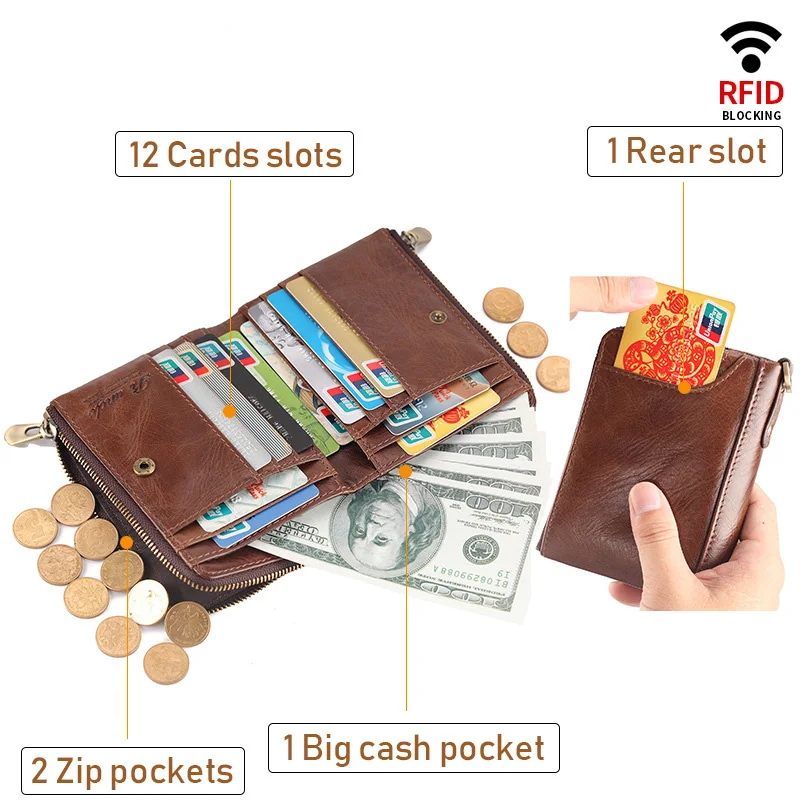 Men RFID Short Wallet Genuine Leather Credit Card Coin Pocket Money Bag Small Purse Clutch Double Zipper Fashion Wallet for Male