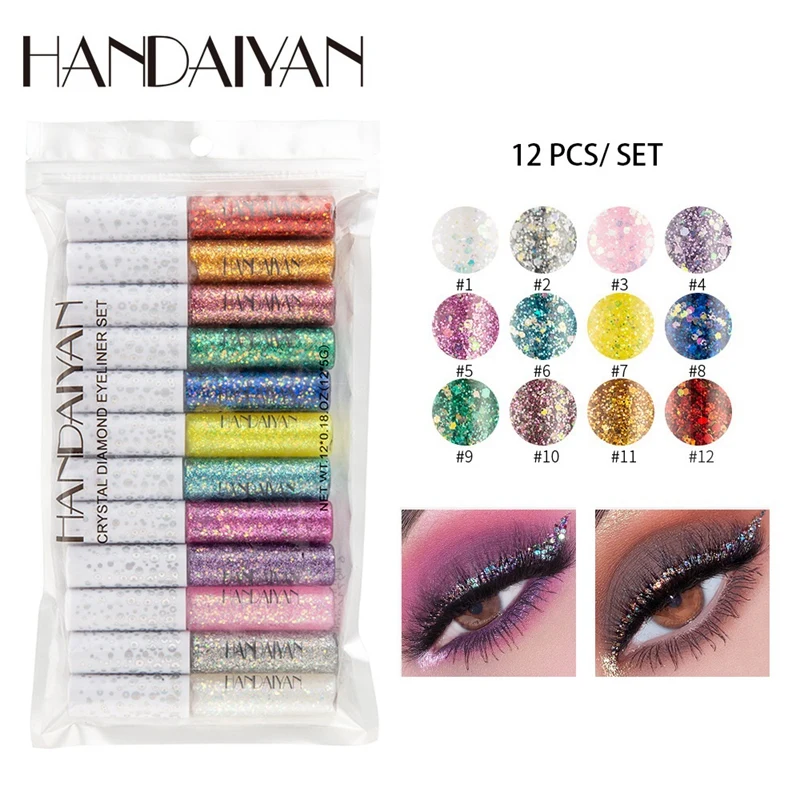 

HANDAIYAN 12Pcs / Lot Glitter Liquid Eyeliner Sequin Shimmer Waterproof Metallic Eye Liners Silver Gold Eye Makeup Cosmetic