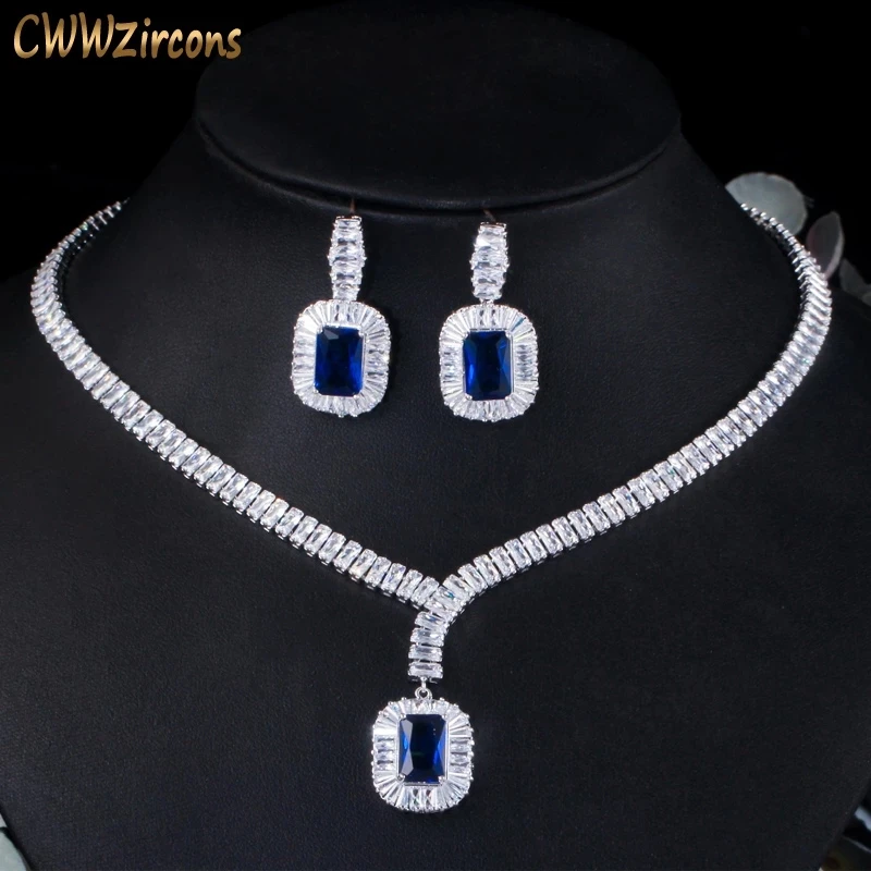 

CWWZircons Bling Square Drop Dark Blue Cubic Zircon Necklace and Earrings Women Party Jewelry Set for Wedding Brides T507
