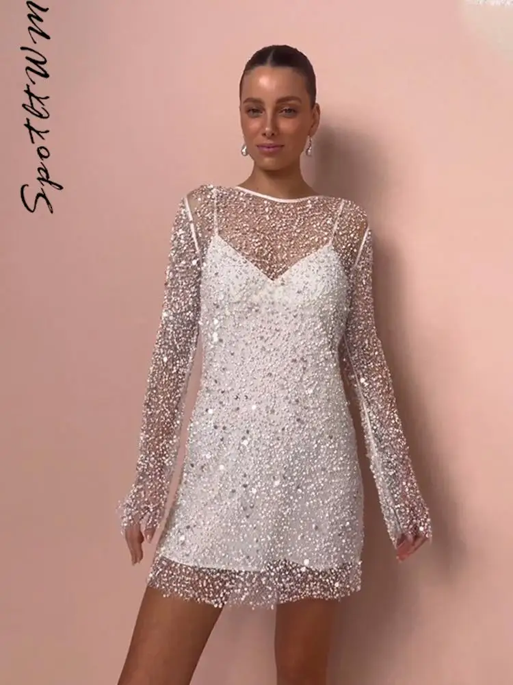 

Женское Прозрачное мини-платье на бретельках с вышивкой, сексуальное облегающее платье с круглым вырезом и длинным рукавом, с высокой талией, элегантное женское платье