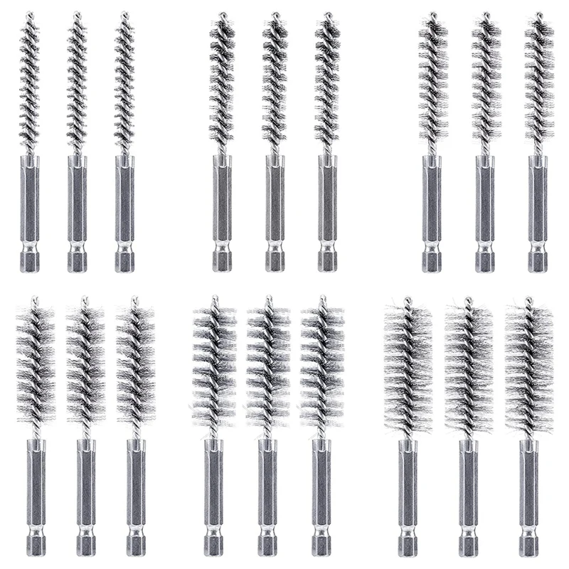 

18Pcs Brush Set-1/4Inch Hex Shank Twisted Wire Bore Brushes with Different Bristle Lengths for Tubes Ports Cleaning