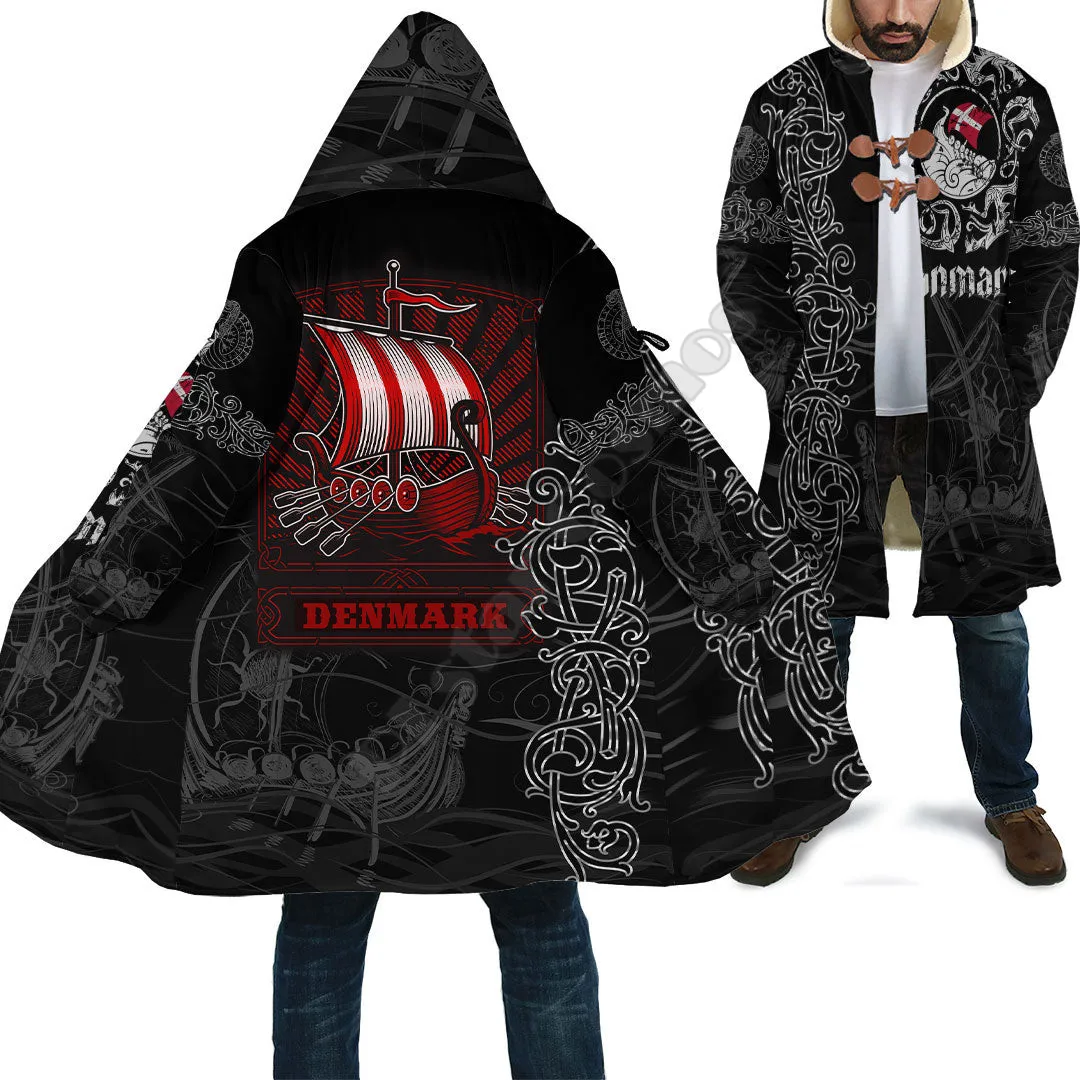 Viking Drakkar Denmark Warship Cloak 3D All Over Printed Winter Hooded Cloaks Fleece Wind Breaker Unisex Warm Overcoat