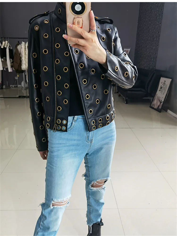 

Women's Winter Sheepskin Coat 2022 New Rivet Hollowed Out Leather Jacket Women's Short Superior Quality Long Sleeve Top y2k XL