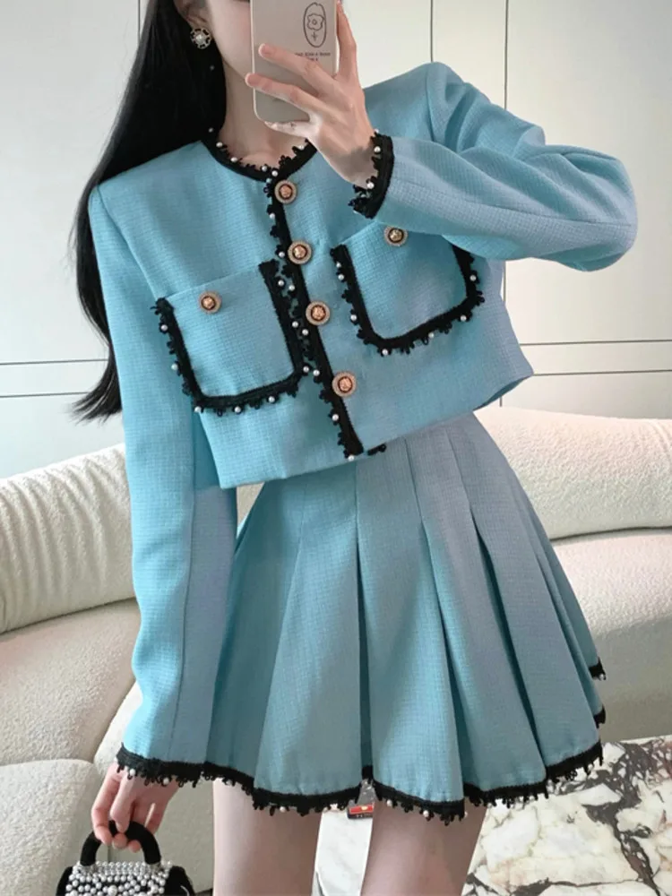 

Женский элегантный костюм из двух предметов, укороченный пиджак с высокой талией и плиссированная мини-юбка в Корейском стиле