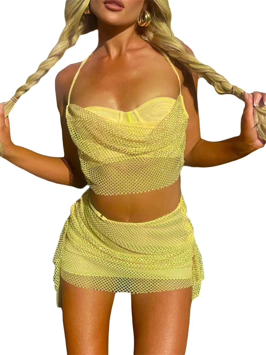 

Women 2 Piece Mini Skirt Set Tie-up Halterneck Backless Cami Vest Tops Drawstring Ruched Bodycon Short Skirt Set