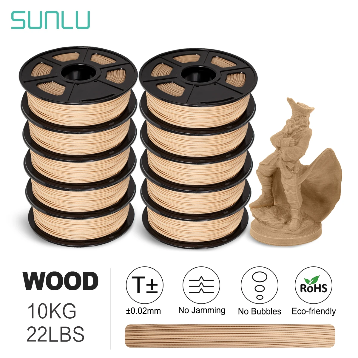 

SUNLU WOOD 3D Filament 1.75MM 1KG 10Rolls Real Wood Texture Effect Made Of Wood Fiber Different From Color Effect Eco-Friendly