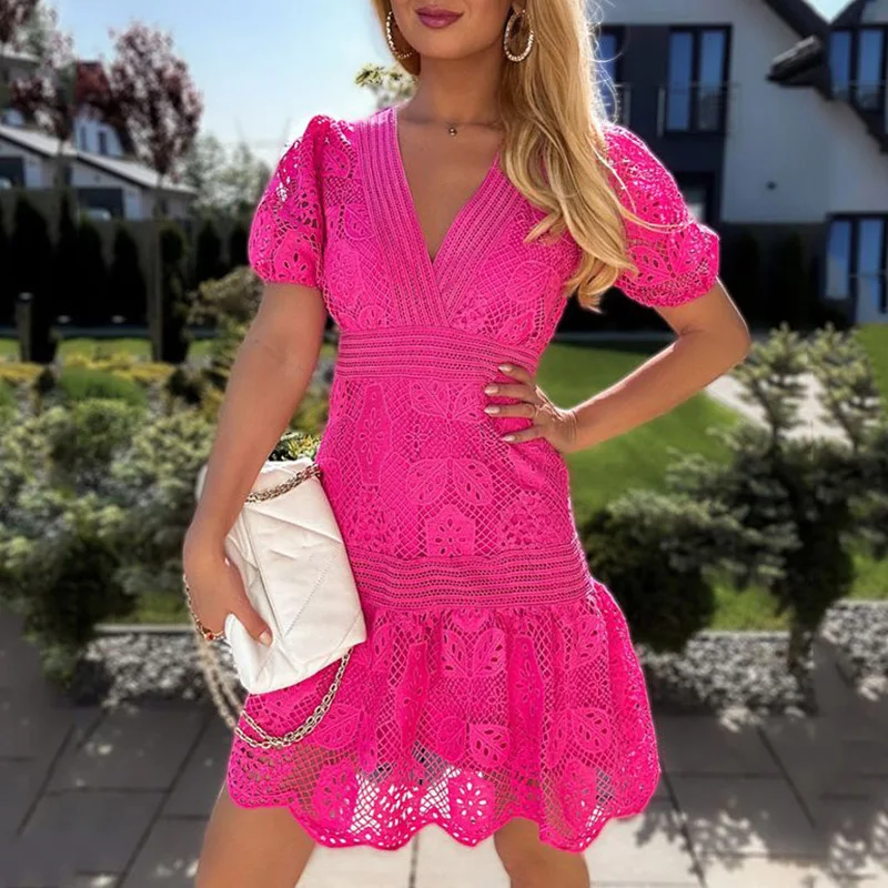 Chic Lace Solid Waisted Ruffles Dresses Fashion Short Sleeve Solid Dress For Women Elegant Hollow Embroidery V-neck Party Dress