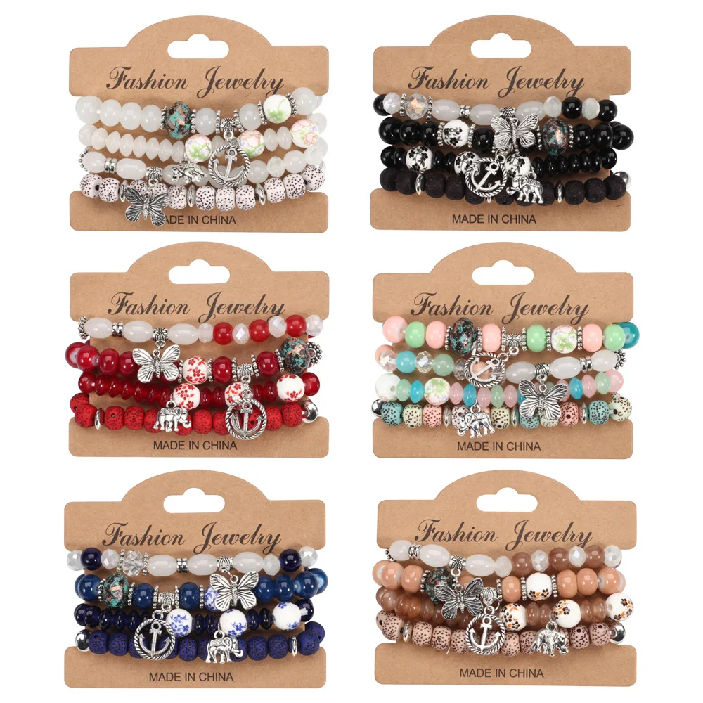 

4pcs Bohemia Handmade Butterfly Anchor Elephant Charm Beaded Trendy Stack Bracelet Set for Women Girls Summer Beach Multi-layer