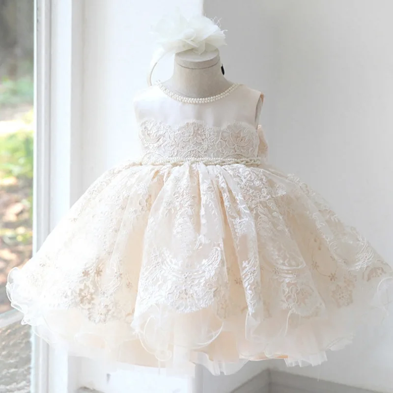 

First Birthday Clothes Spring 2023 New Champagne Little Girl Puffy Dress Hand-nailed Jewelry Treasure Birthday Princess Dresses